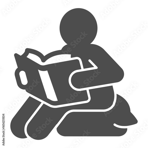 Man with book on pillow seat solid icon, book festival concept. Vector graphics. Book reading for boys sign on white background, glyph style icon for mobile or web design.