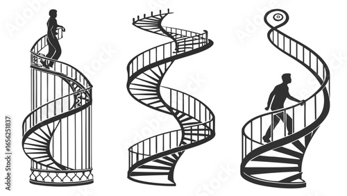 Three stylized black spiral staircases with silhouettes of people on white background