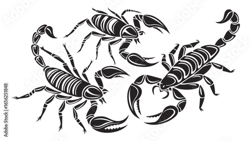 Three stylized black tribal scorpions with segmented bodies and claws on a white background