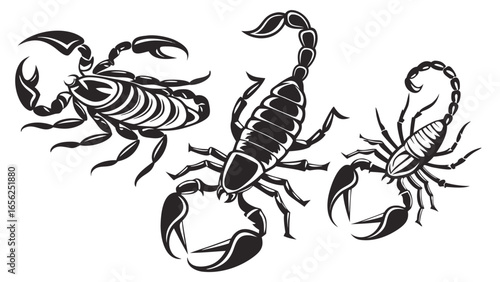 Three stylized black tribal scorpions with segmented bodies and raised tails on a white background