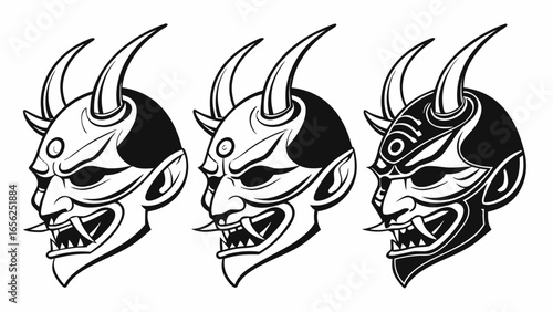Three stylized japanese oni demon masks with horns and fangs in black and white
