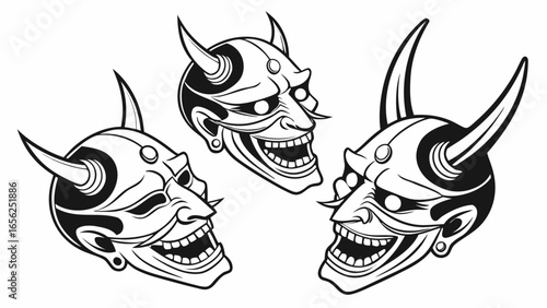 Three stylized japanese oni demon masks with horns and menacing smiles in black and white