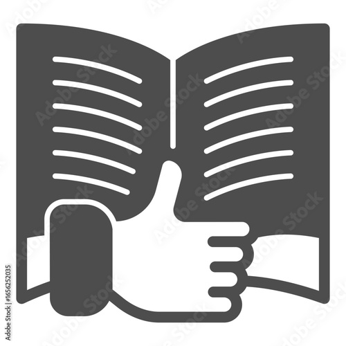 Book with thumb up finger hand solid icon, book festival concept. Vector graphics. Textbook and positive review, reading sign on white background, glyph style icon for mobile or web design.