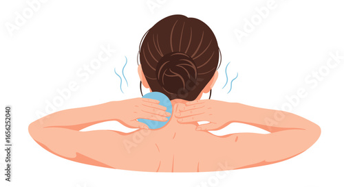 Woman applying a cold compress to her neck and shoulders for pain relief, viewed from behind, simple vector illustration style.