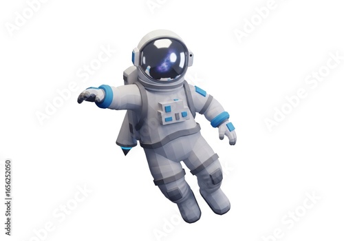 Lowpoly astronaut in a white space suit with blue trim floating against a white background helmet reflecting space