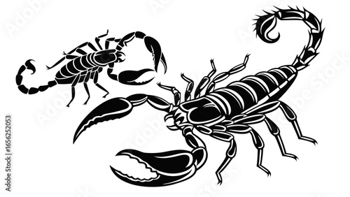 Two stylized black scorpions with segmented bodies and pincers displayed on a white background