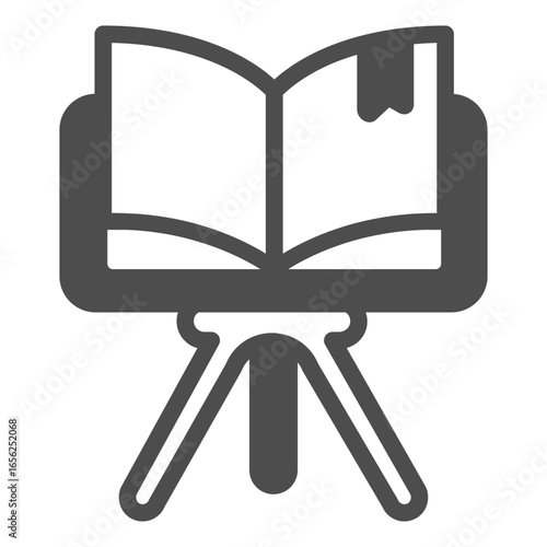 Book with bookmark on tripod stand solid icon, book festival concept. Vector graphics. Textbook presentation, promotion sign on white background, glyph style icon for mobile or web design.
