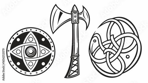 Viking battle axe and two ornate shields with celtic knot designs and geometric patterns