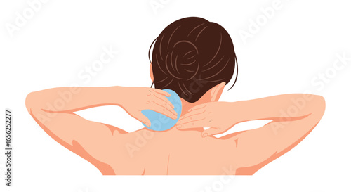 Woman applying an ice pack to her neck for pain relief, showcasing a simple at-home remedy for muscle soreness and injury recovery, isolated on white.