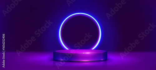 Game product podium with glowing neon ring and cylindrical platform illuminated by blue light on purple gradient background. Modern display stand for showcase items or awards with futuristic aesthetic