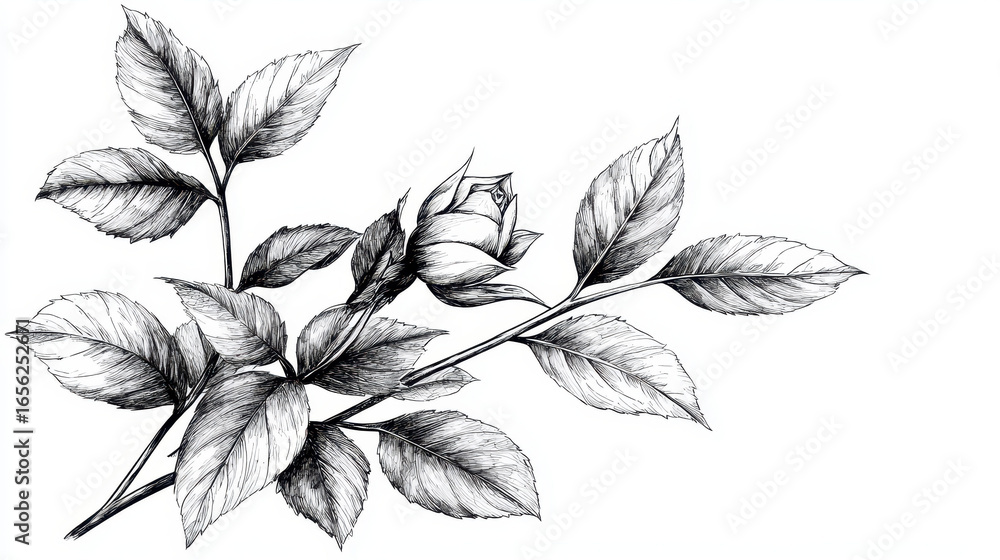 Detailed illustration of rose with leaves, showcasing intricate line work and shading. design captures beauty and elegance of flower