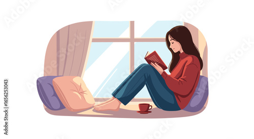A cozy illustration depicting a young woman peacefully reading a book on a comfortable window seat with a warm beverage.