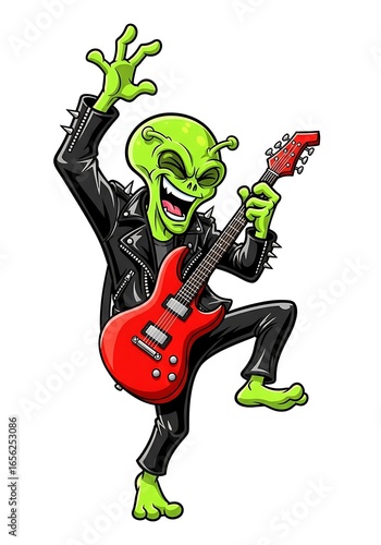 Cartoon alien with lime green skin, two arms playing an electric guitar, wearing shiny leather jacket, exaggerated pose like a rock concert star