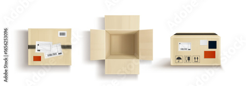 Open and closed cardboard box top view with flaps extended and empty inside for shipping or storage purposes. Brown packages with labels, barcodes and handling icons for e-commerce or delivery service