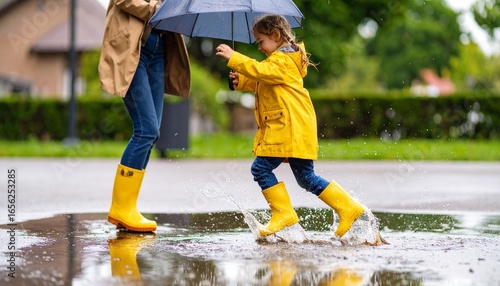 A mother and child enjoy a rainy day, splashing in puddles with an umbrella.