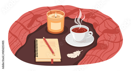 A comforting flat lay of a hot drink, a lit candle, and a journal with a pencil, creating a serene atmosphere for relaxation and reflection.