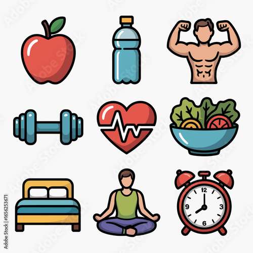 Clean Health & Fitness Icons  Apple, Water, Strength, Greens, Heartbeat  Minimal, Trust‑Enhancing Visuals for Adobe Stock Success