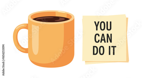 A bright vector illustration shows an orange coffee mug next to yellow sticky notes with the motivational phrase "YOU CAN DO IT" on a clean white background.