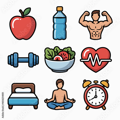 Minimalist Fitness & Wellness Icons  Apple, Water, Dumbbell, Salad Bowls: Clean, Modern Lifestyle Visual Elements for Adobe Stock Buyers