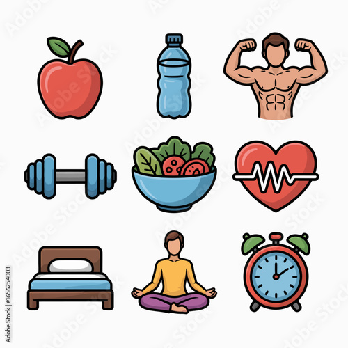 Minimalist Fitness & Wellness Icons  Apple, Water, Dumbbell, Salad Bowls: Clean, Modern Lifestyle Visual Elements for Adobe Stock Buyers