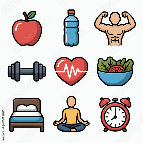 Minimalist Fitness & Wellness Icons  Apple, Water, Dumbbell, Salad Bowls: Clean, Modern Lifestyle Visual Elements for Adobe Stock Buyers