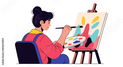 A female artist, depicted with a bun and overalls, is passionately painting on a canvas, using a brush and palette, in a creative studio setting.