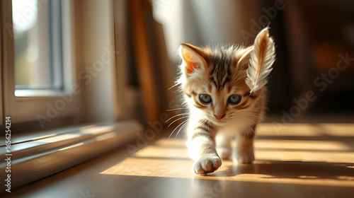 playful kitten behavior, a small kitten silently creeping through a sunlit room, focused on a floating feather with its eyes