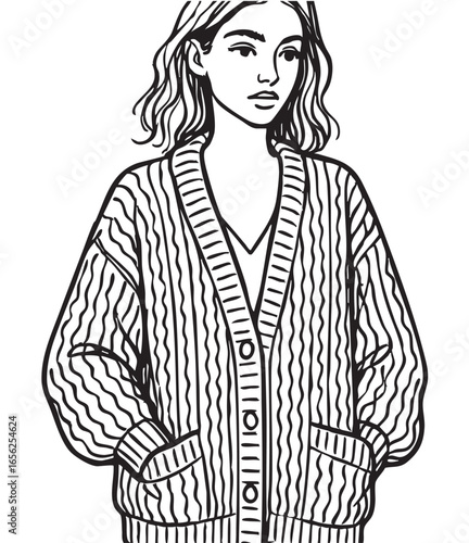 Fashion girl in knitting cardigan . Sketch. Vector illustration