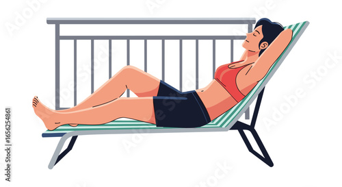 A young woman is relaxing on a deck chair on her balcony, enjoying the sun and fresh air in a serene, peaceful moment of leisure and relaxation.