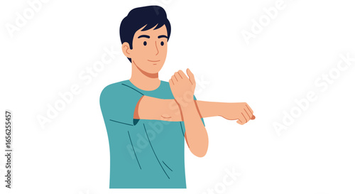 A friendly young man in a teal t-shirt performs a cross-body arm stretch, depicted in a clean, isolated vector illustration on a white background.