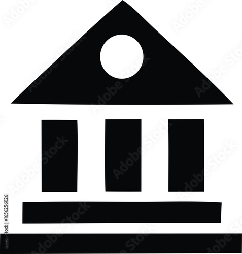 Simple black silhouette icon of a classical building with columns and a pediment featuring a circular window