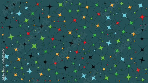 Patterned teal background filled with multicolored starburst shapes. Suitable for designs involving excitement, celebration, and vibrant colors. Great for festive occasions or marketing materials.