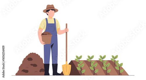 An illustration depicts a farmer in overalls and a hat, tending to a small garden with a shovel and a pot of soil, cultivating the land for planting.