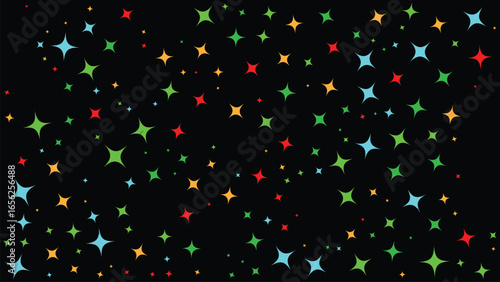 Many multicolored fourpointed stars on black background. Perfect for vibrant party invitations, festive designs, or eyecatching holiday decorations.