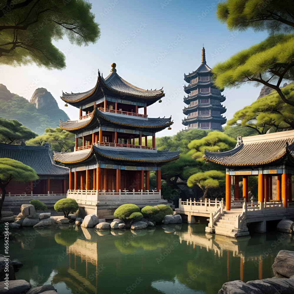 Fototapeta premium An ancient Chinese landscape featuring traditional pavilions and trees, showcasing the beauty of nature and classical architecture in a serene, historical setting.