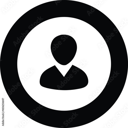 Simple black and white icon of a person silhouette inside a circular target symbol representing user profile or account settings
