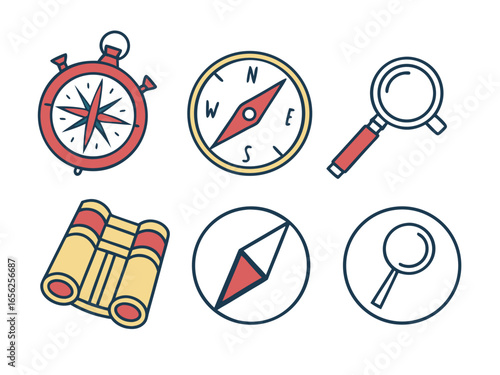 A set of travel and exploration icons featuring compasses, a magnifier, and a map, all