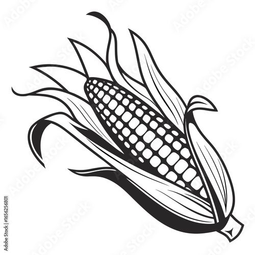 Black and white illustration of a corn cob, a healthy and delicious vegetable for cooking