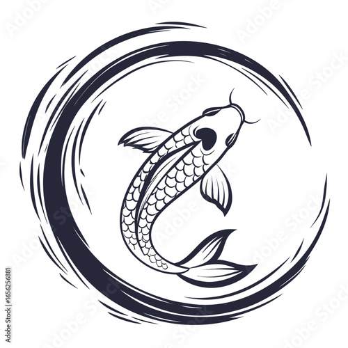 Elegant koi fish in a circle of brush strokes, symbol of prosperity and good fortune