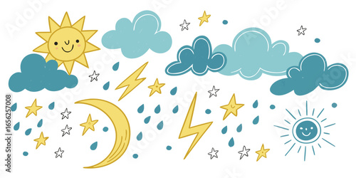 Cute Hand Drawn Weather Icons With Sun Clouds Moon Stars And Lightning vector illustration