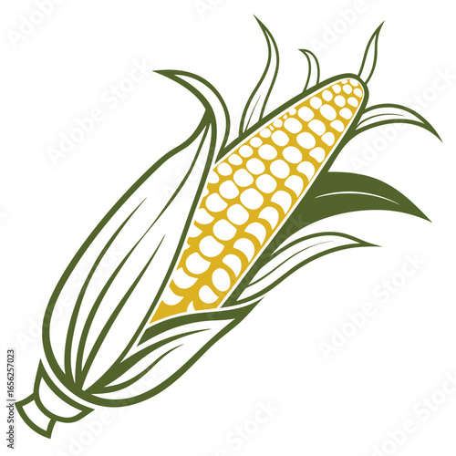Illustration of a fresh corn cob with green leaves, a healthy and nutritious vegetable