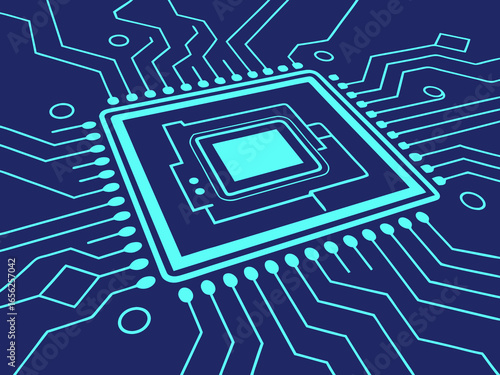 Illustration of a microchip processor, representing modern technology and computer hardware components on a blue background
