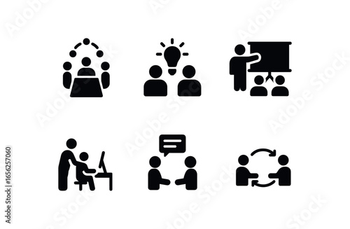 flat black solid icon items isolated on white background collaborative hub (activities): meeting brainstorming sharing presenting designing discussing