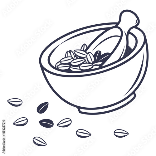 Illustration of mortar and pestle with seeds, representing natural remedies and culinary ingredients