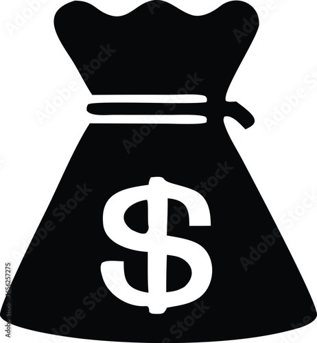 Simple silhouette icon of a black money bag with a white dollar sign symbolizing wealth and financial success
