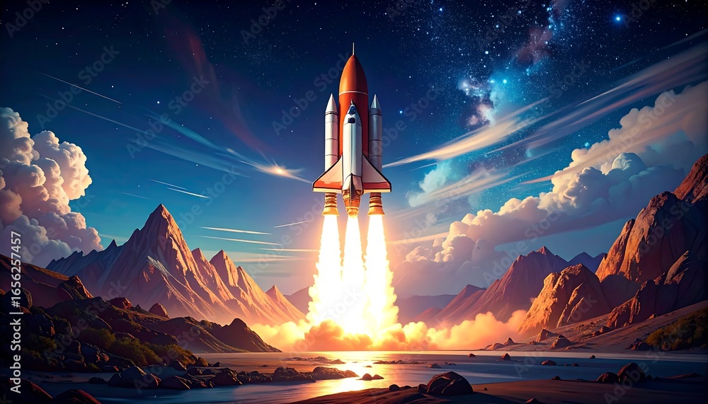 Obraz premium Rocket launch over mountains