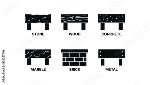 flat black solid icon items isolated on white background engraved lintel (materials): stone wood concrete marble brick metal