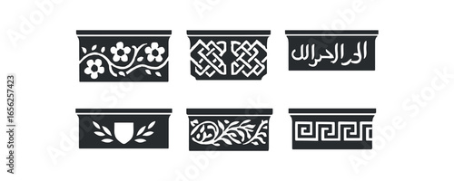 flat black solid icon items isolated on white background engraved lintel (designs): floral geometric script emblem relief border