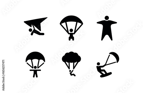 flat black solid icon items isolated on white background sky surf (types): hangglide paraglide wingsuit skydive parasail kiteboard
