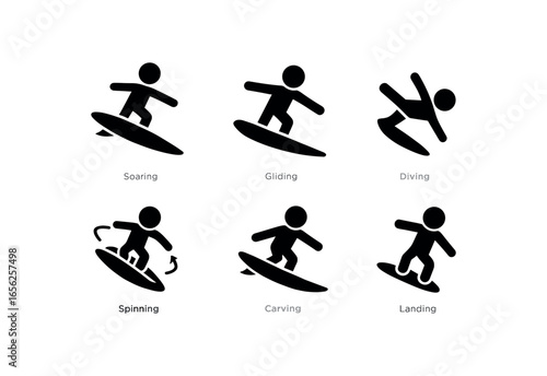 flat black solid icon items isolated on white background sky surf (actions): soaring gliding diving spinning carving landing